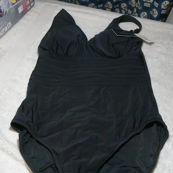 Aqua Women's One Piece Swimsuit Waist Detail Over the Shoulder Black S/M/L/XL - Picture 13 of 15